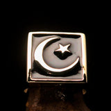 Perfectly crafted Men's Ring Crescent Moon and Star Black - Solid Brass - BikeRing4u