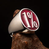 Nicely crafted Men's Outlaw Ring oval red 1% Percent Symbol - Sterling Silver - BikeRing4u