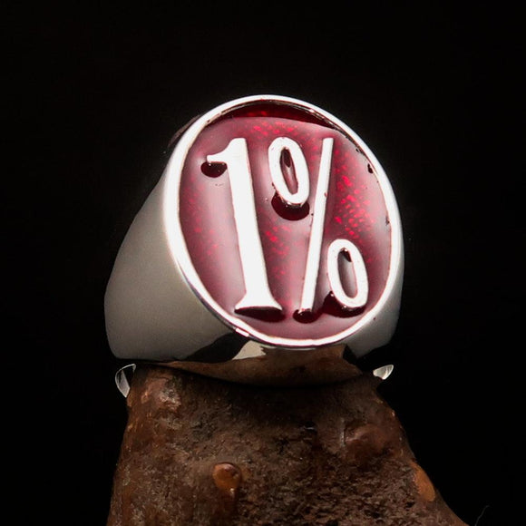 Nicely crafted Men's Outlaw Ring oval red 1% Percent Symbol - Sterling Silver - BikeRing4u
