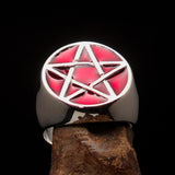 Excellent crafted Men's Wiccan Pinky Ring red Celtic Pentagram - Sterling Silver - BikeRing4u