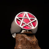 Excellent crafted Men's Wiccan Pinky Ring red Celtic Pentagram - Sterling Silver - BikeRing4u