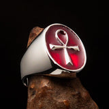 Red oval shaped Egyptian Ankh Cross Men's Ring - Sterling Silver - BikeRing4u