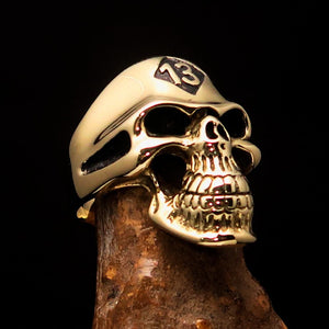 Excellent crafted Men's Biker Skull Ring black Diamond Lucky 13 - Solid Brass - BikeRing4u