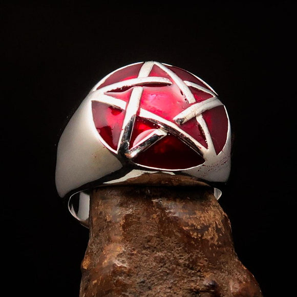 Excellent crafted Men's Pinky Ring domed red Pentagram - Sterling Silver - BikeRing4u