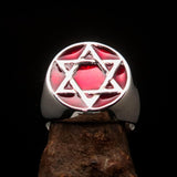 Excellent crafted Men's Pinky Ring red Star of David - Sterling Silver - BikeRing4u
