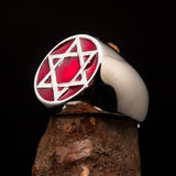 Excellent crafted Men's Pinky Ring red Star of David - Sterling Silver - BikeRing4u