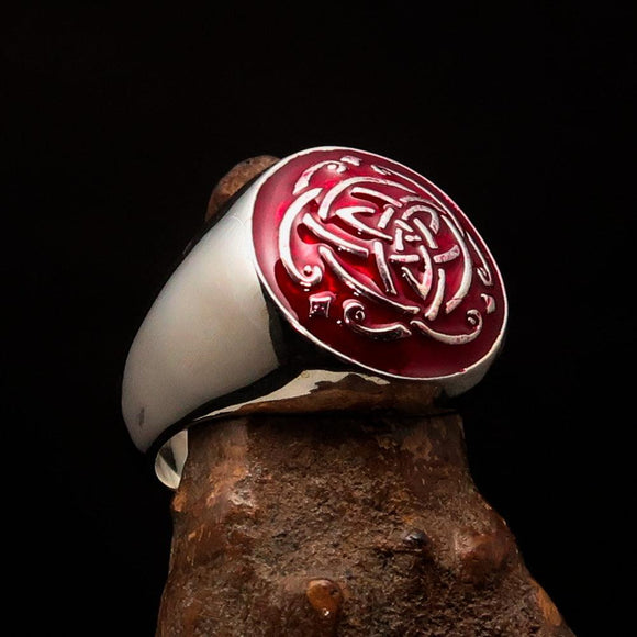 Excellent domed Men's Ring red Celtic Triquetra Knot - Sterling Silver - BikeRing4u
