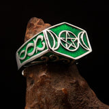 Men's Sterling Silver Ring green Crescent Moon Pentagram Star - BikeRing4u
