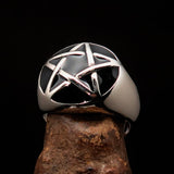 Excellent crafted Men's Pinky Ring domed Black Pentagram - Sterling Silver - BikeRing4u