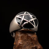 Excellent crafted Men's Pinky Ring domed Black Pentagram - Sterling Silver - BikeRing4u
