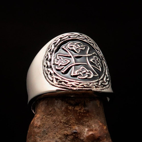 Excellent crafted ancient black Celtic Birgit's Cross Men's Ring - Sterling Silver - BikeRing4u