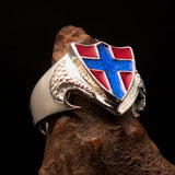 Men's Sterling Silver Shield Ring Flag of Norway blue Cross on Red - BikeRing4u