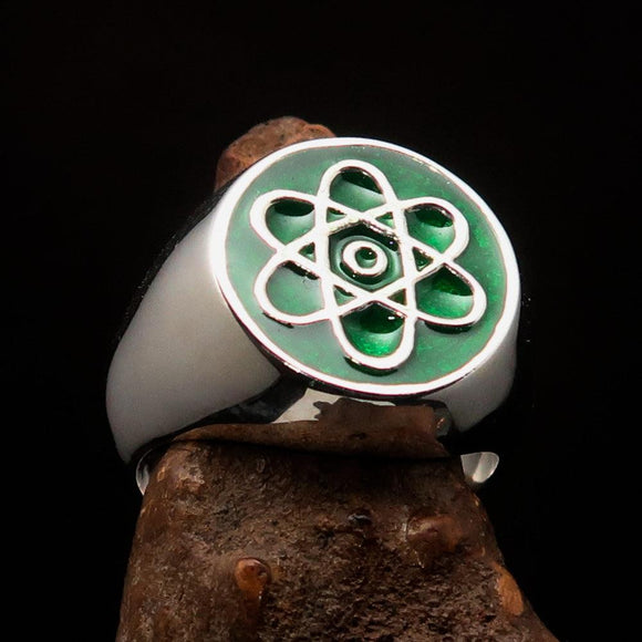 Perfectly crafted Men's Teacher Ring Atom Symbol Green - Sterling Silver - BikeRing4u