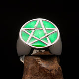 Excellent crafted Men's Pinky Ring green Pentagram - Sterling Silver - BikeRing4u