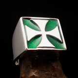 Perfectly crafted Men's Biker Ring green Iron Cross - Sterling Silver - BikeRing4u