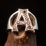 Excellent crafted Initial Ring Bold Letter A - 8 red CZ - Sterling Silver - BikeRing4u