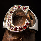 Excellent crafted Initial Ring Bold Letter C - 12 red CZ - Sterling Silver - BikeRing4u