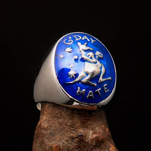 Excellent crafted Men's Aussie Ring blue boxing Kangaroo - Sterling Silver - BikeRing4u