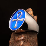 Blue oval shaped Egyptian Ankh Cross Men's Ring - Sterling Silver - BikeRing4u