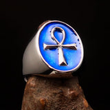 Blue oval shaped Egyptian Ankh Cross Men's Ring - Sterling Silver - BikeRing4u