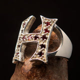 Excellent crafted Initial Ring Bold Letter H - 13 red CZ - Sterling Silver - BikeRing4u
