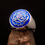 Excellent domed Men's Ring blue Celtic Triquetra Knot - Sterling Silver - BikeRing4u