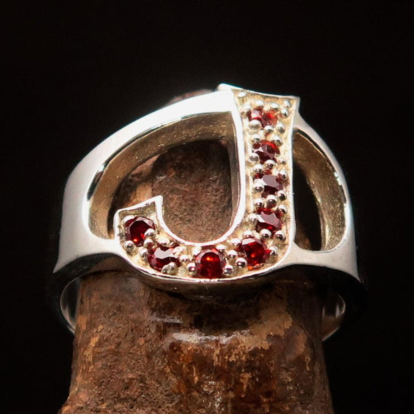 Excellent crafted Initial Ring Bold Letter J - 8 red CZ - Sterling Silver - BikeRing4u