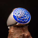 Excellent domed Men's Ring blue Celtic Triquetra Knot - Sterling Silver - BikeRing4u