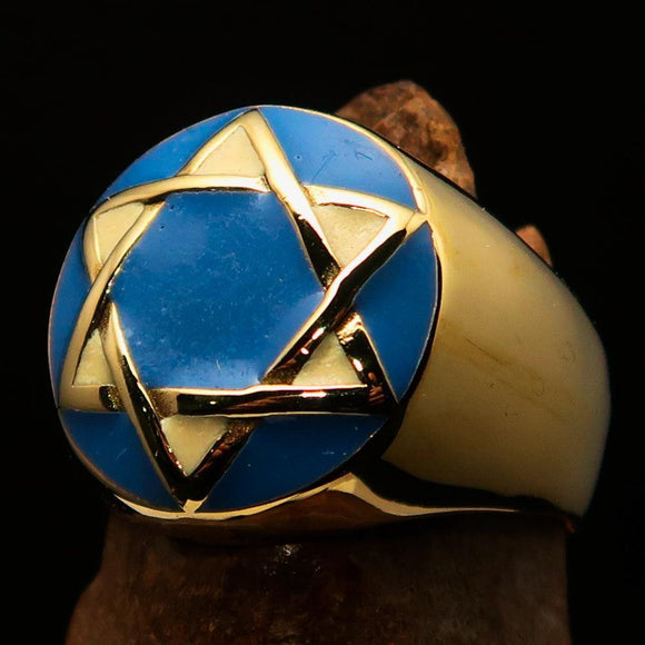 Nicely crafted Men's Hebrew Ring Blue and White Star of David - Solid Brass - BikeRing4u