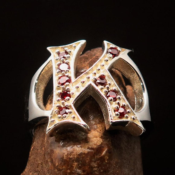 Excellent crafted Initial Ring Bold Letter K - 9 red CZ - Sterling Silver - BikeRing4u