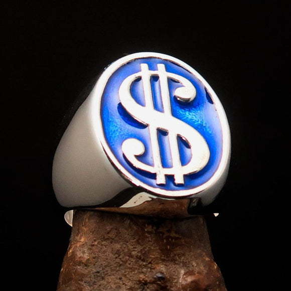 Excellent crafted Men's Currency Ring Blue US Dollar Symbol - Sterling Silver - BikeRing4u
