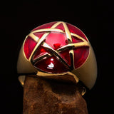 Excellent crafted Men's Pinky Ring domed Red Pentagram - Solid Brass - BikeRing4u