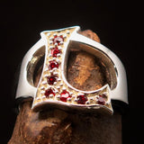 Excellent crafted Initial Ring Bold Letter L - 8 red CZ - Sterling Silver - BikeRing4u
