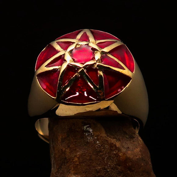 Nicely crafted domed Men's Heptagram Ring Red Heptagon - Solid Brass - BikeRing4u