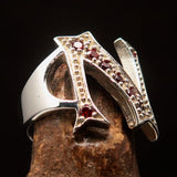 Excellent crafted Initial Ring Bold Letter N - 8 red CZ - Sterling Silver - BikeRing4u