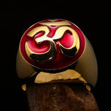 Nicely crafted domed Men's Buddhist Ring Red Aum Symbol - Solid Brass - BikeRing4u