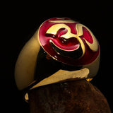 Nicely crafted domed Men's Buddhist Ring Red Aum Symbol - Solid Brass - BikeRing4u