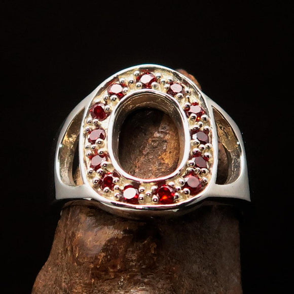 Excellent crafted Initial Ring Bold Letter O - 13 red CZ - Sterling Silver - BikeRing4u