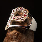 Excellent crafted Initial Ring Bold Letter P - 12 red CZ - Sterling Silver - BikeRing4u