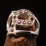 Excellent crafted Initial Ring Bold Letter P - 12 red CZ - Sterling Silver - BikeRing4u