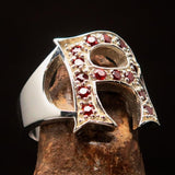Excellent crafted Initial Ring Bold Letter R - 15 red CZ - Sterling Silver - BikeRing4u