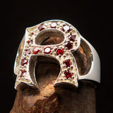 Excellent crafted Initial Ring Bold Letter R - 15 red CZ - Sterling Silver - BikeRing4u