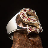 Excellent crafted Initial Ring Bold Letter S - 13 red CZ - Sterling Silver - BikeRing4u