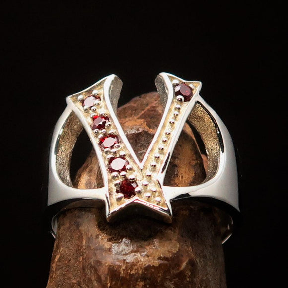 Excellent crafted Initial Ring Bold Letter V - 6 red CZ - Sterling Silver - BikeRing4u