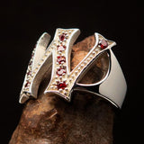 Excellent crafted Initial Ring Bold Letter W - 11 red CZ - Sterling Silver - BikeRing4u