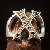 Excellent crafted Initial Ring Bold Letter X - 7 red CZ - Sterling Silver - BikeRing4u