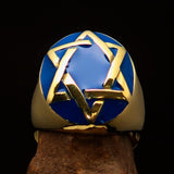 Excellent crafted Men's Hebrew Ring Blue Star of David - Solid Brass - BikeRing4u
