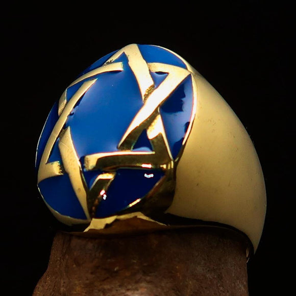 Excellent crafted Men's Hebrew Ring Blue Star of David - Solid Brass - BikeRing4u
