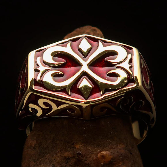 Excellent crafted Men's Medieval Ring Red Oriental Crest Solid Brass - BikeRing4u