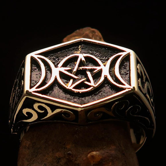 Men's Solid Brass Ring antiqued Crescent Moon Pentagram Star - BikeRing4u